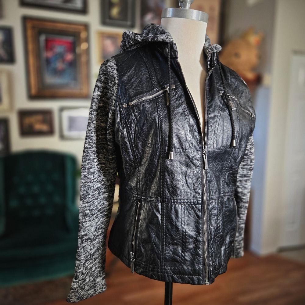 J2 Black Faux Leather Zip up Hooded Jacket‎ Sweater Sleeve Moto Style